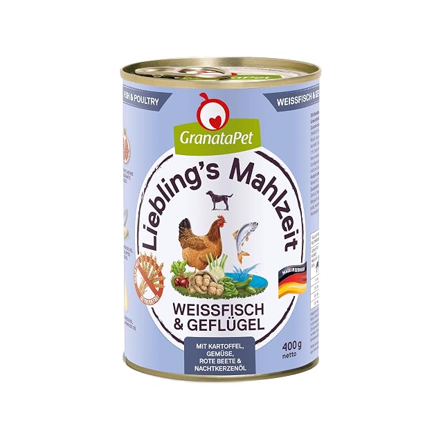 GranataPet Comida Favorita para Pescado Blanco y Aves de Corral, Comida húmeda para Perros