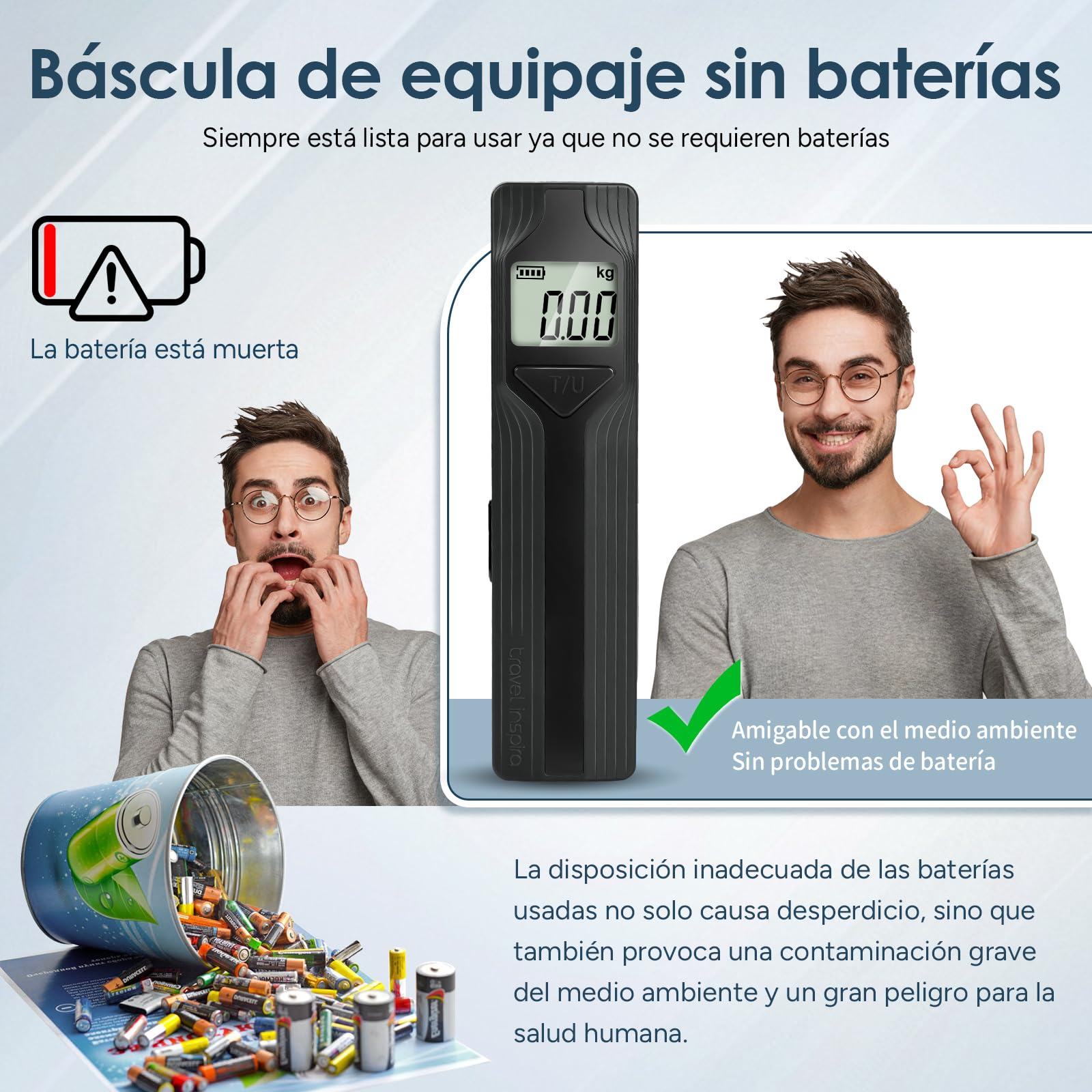 travel inspira Báscula para Maletas Portátil, Pesa de Viaje Mano Sin Pilas con Pantalla Grande y Función Tara, Báscula de Equipaje Autogenerable, Capacidad 50kg/110lb