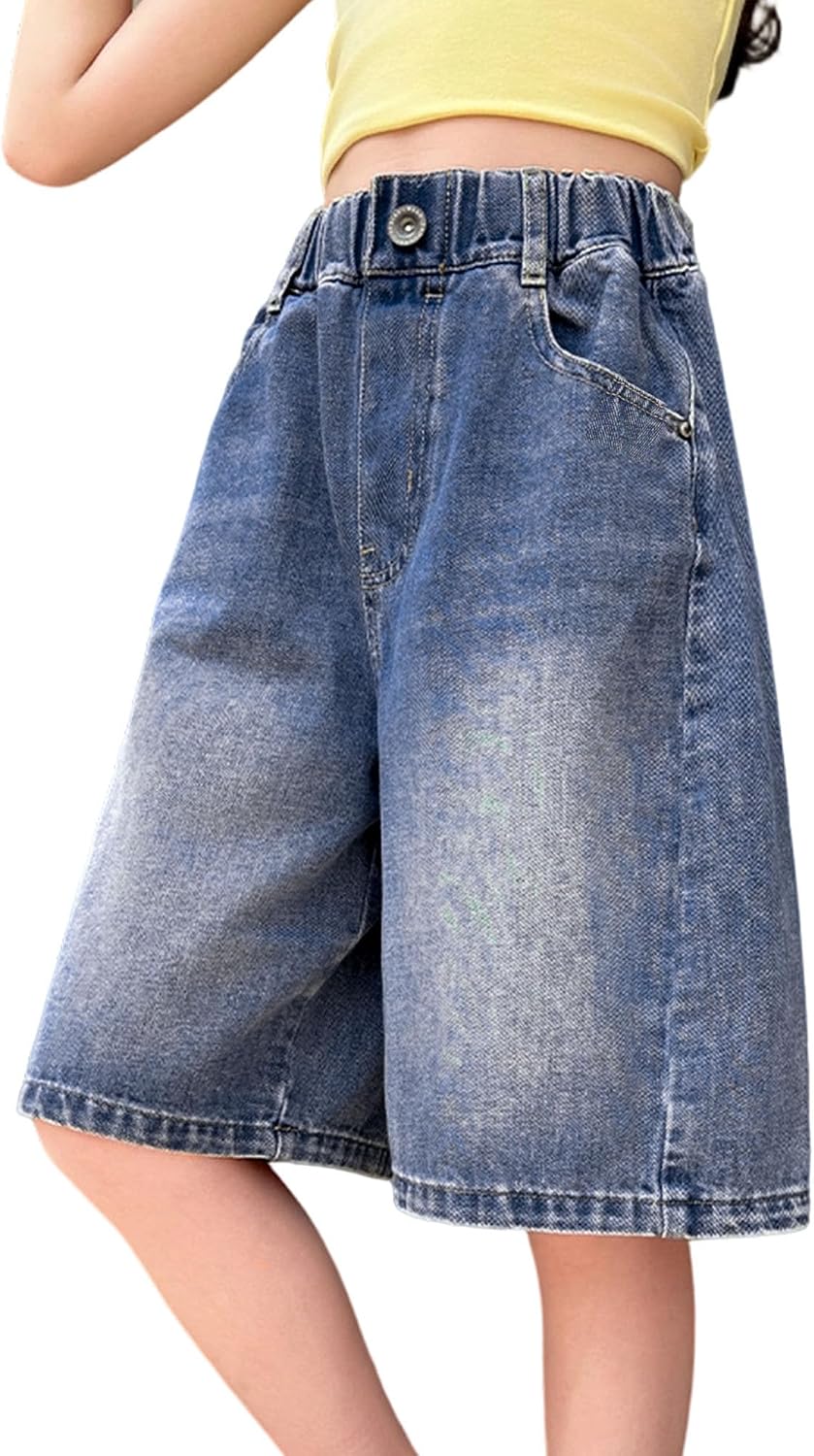 Rolanko Girls Denim Shorts Wide Leg Jean Short Knee Length Baggy Jorts Y2k for Kids School Daily Holiday Streerwear Age 7-14