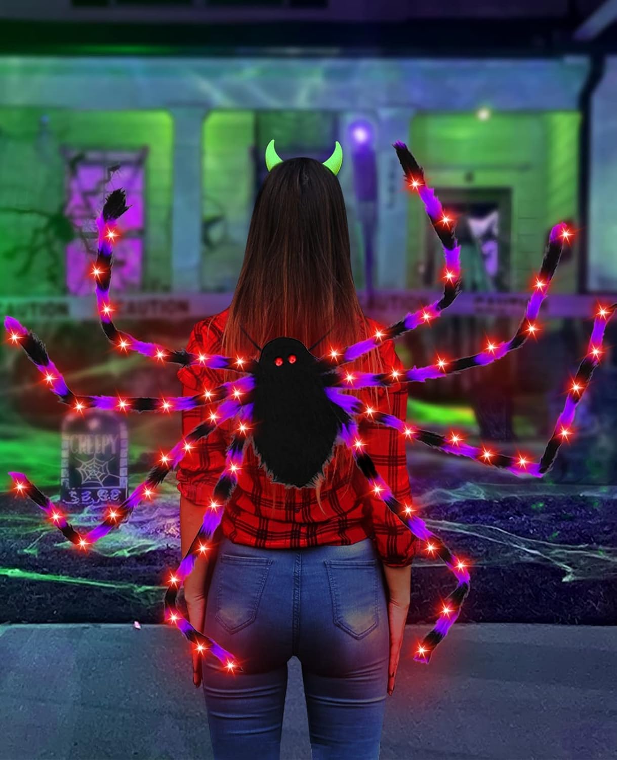 Camlinbo 80 LED Halloween Plush Spider Costume with Purple Lights for Adult Younger Halloween Accessories Decorations (63") - Image 5
