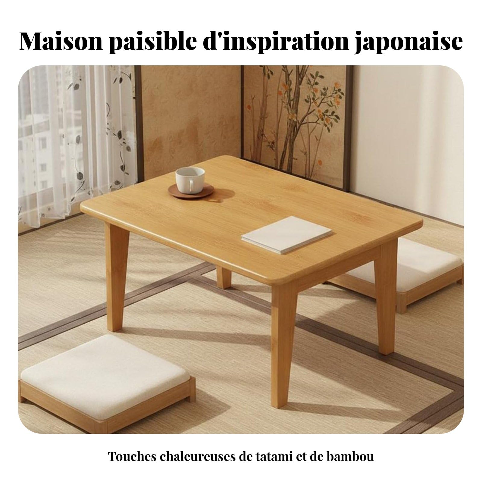 Table Basse Pliante en Bambou Naturel Table Thé Tatami Style Japonais Table d'Appoint Repliable pour Collation Travail Lecture Balcon Adaptée aux, Naturel, 60 37 26.2cm