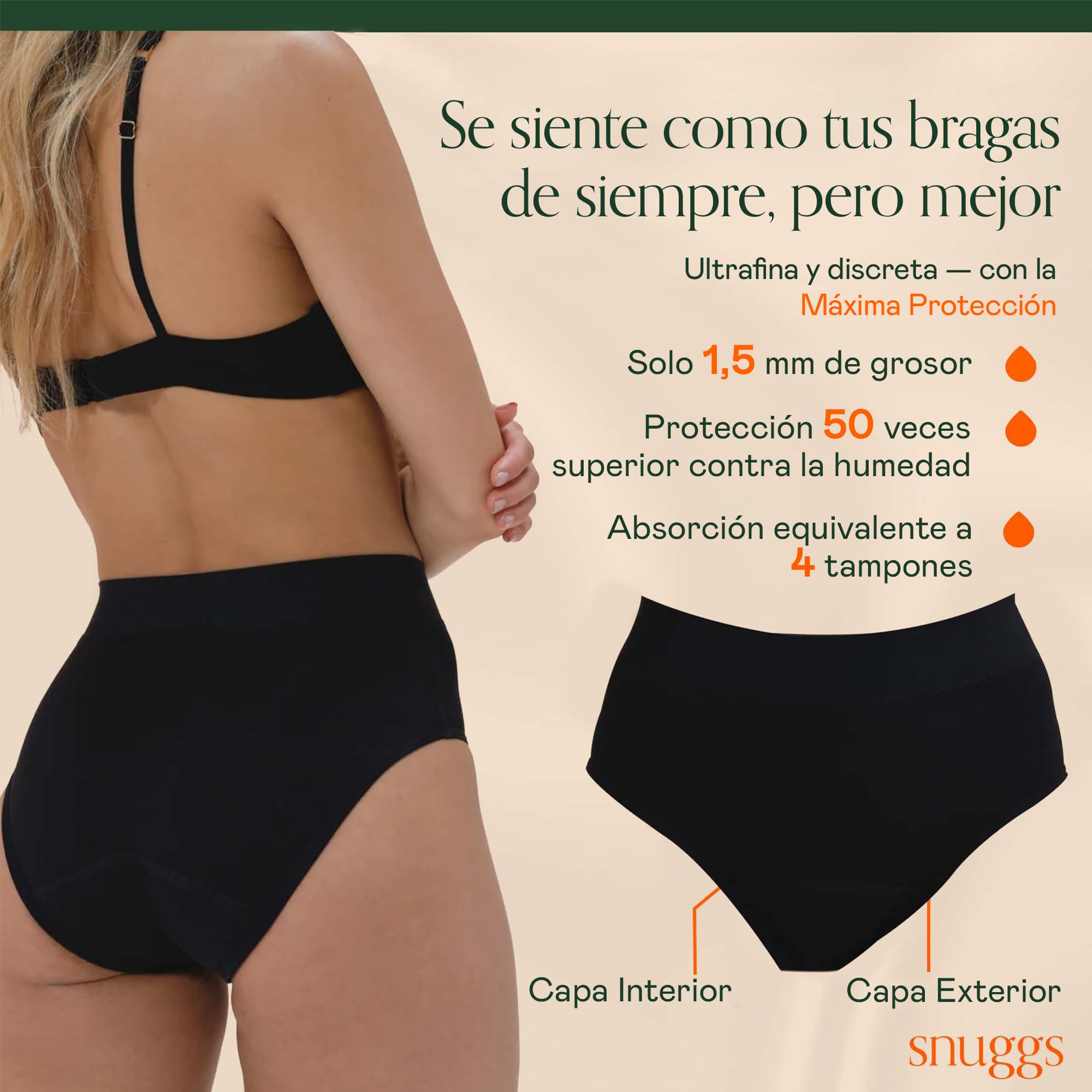 snuggs Period Underwear Hugger - Bragas menstruales extrafuertes, Delgadas y absorbentes, Nailon Reciclado