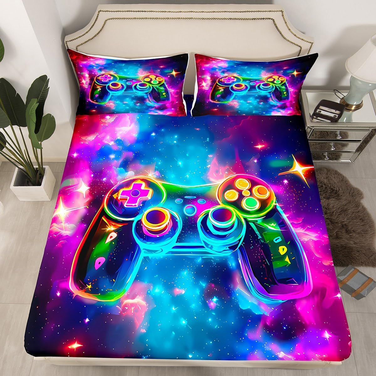 Full Gaming Bed Sheets for Boys, Gamer Console Bedding Set Gaming Gamepad Fitted Sheet for Kids Teens Adult Bedroom, Galaxy Starry Sky Sheets Comforter Games Decor for Men, Purple Blue