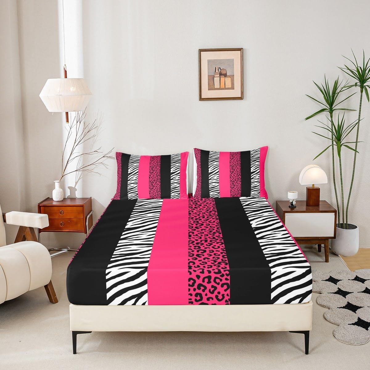 Leopard Print Kids Sheet King Size,Zebra Abstract Animals Skin Texture Bedding Set,Girls Boys Adults Room Decor,Geometric Stripes Pink Romantic Bed Sheet Set 4pcs(Fitted + Flat + 2 Pillowcases)