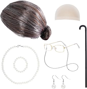Tongcloud 8pcs Old Lady Costume Set 100 Days of School Old Lady Wig Grandma Wig Caps Glasses Eyeglass Chain Set for Women