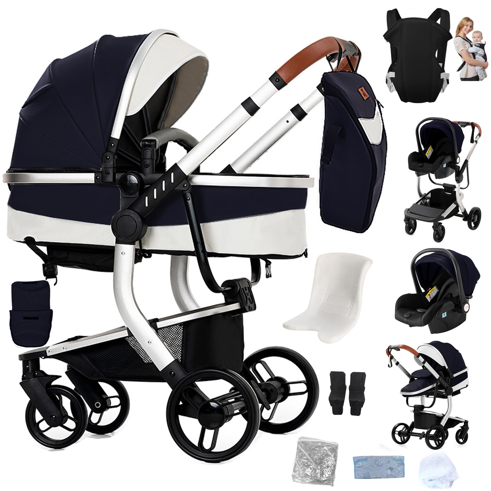 Reenborn Pelle PU Passeggino Trio, Passeggino 3 in 1 con Due Modi Reversibili Spingere, Trio Neonati con Design Pieghevole in Un Clic, Telaio Alluminio Paesaggistico Alto (L518 Silver Blue)