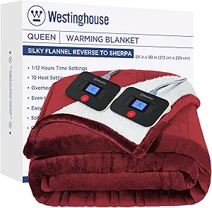 Westinghouse Electric Blanket Queen, Heated Blanket Queen Size with 10 Heating Levels and 1 to 12 Hours Heating Time Settings, Flannel to Sherpa Reversible, Machine Washable (84" x 90", Red)