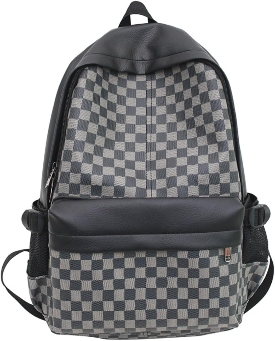 Checkered Aesthetic Backpack for Women Men Vintage PU Leather Cool Y2K Laptop Backpack Plaid Alt Emo Casual Daypack (One Size,Black)