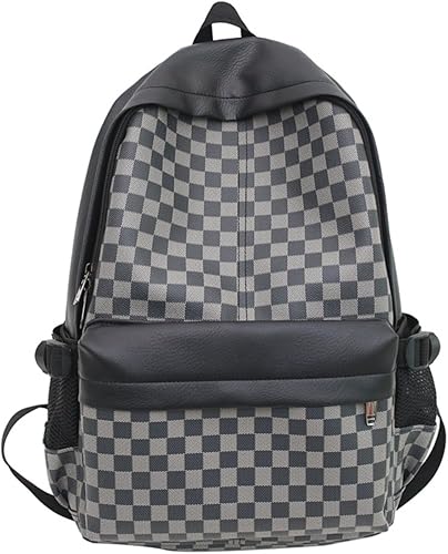 Mochila estética a cuadros para mujeres y hombres, estilo vintage, de piel sintética, Y2K, mochila para laptop, a cuadros, Alt Emo casual, Negro -,