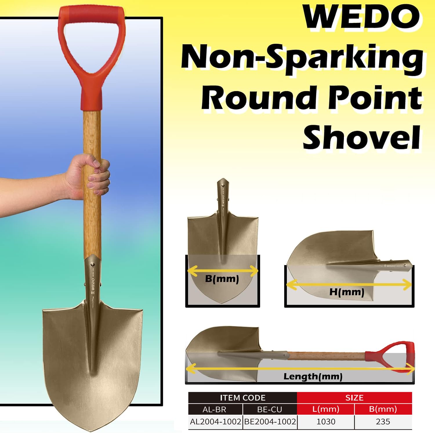 WEDO Okrągła łopata nieparkingowa z drewnianym uchwytem i wygodnym uchwytem D, szpadel do kopania bez iskier, długość 1030 mm, brąz aluminiowy, standard DIN, certyfikat BAM i FM