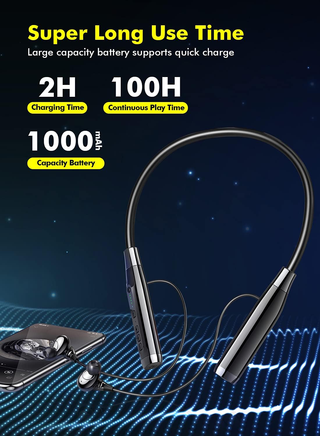 LAMA Bluetooth Neckband Earphones, Wireless Headphones IPX5 Waterproof, Neckband Headphones with Noise Reduction Mic - Image 5