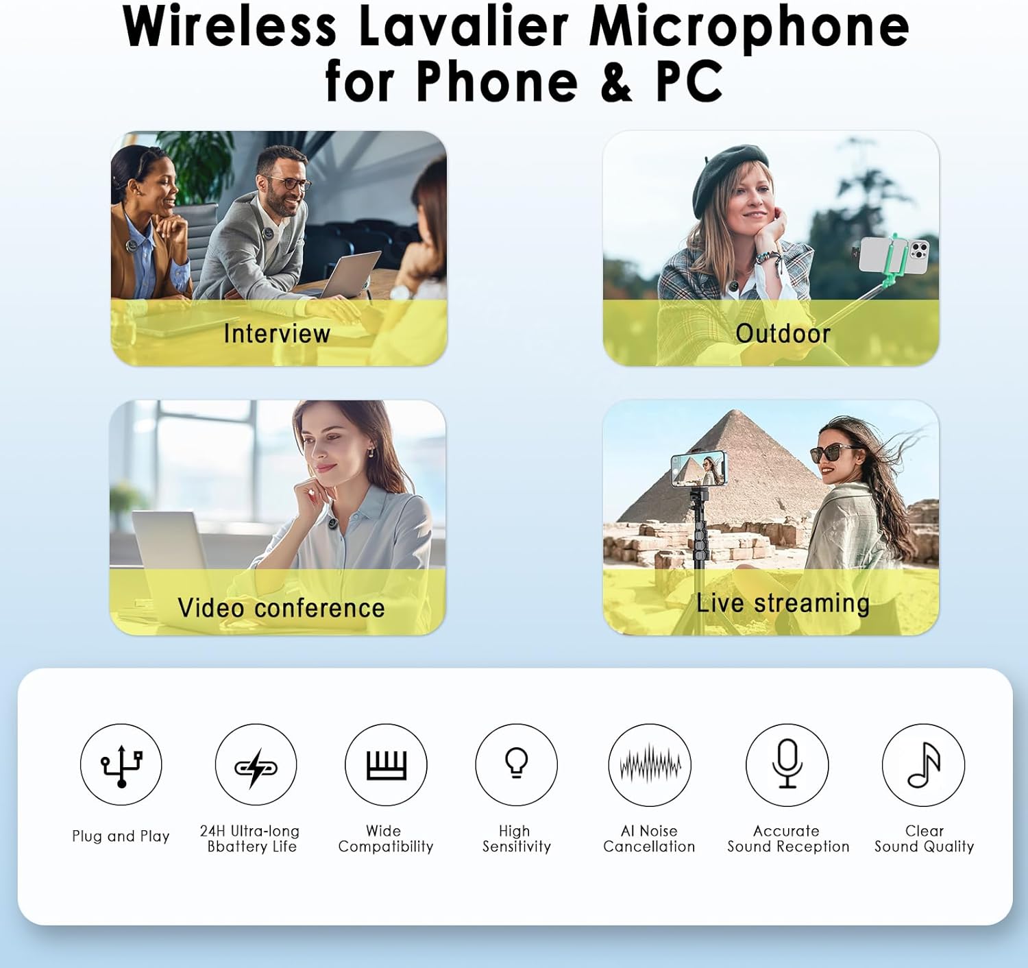 Collage showing various applications of the BALILA Wireless Lavalier Microphone for phone and PC, including interviews, outdoor recording, video conferences, and live streaming.
