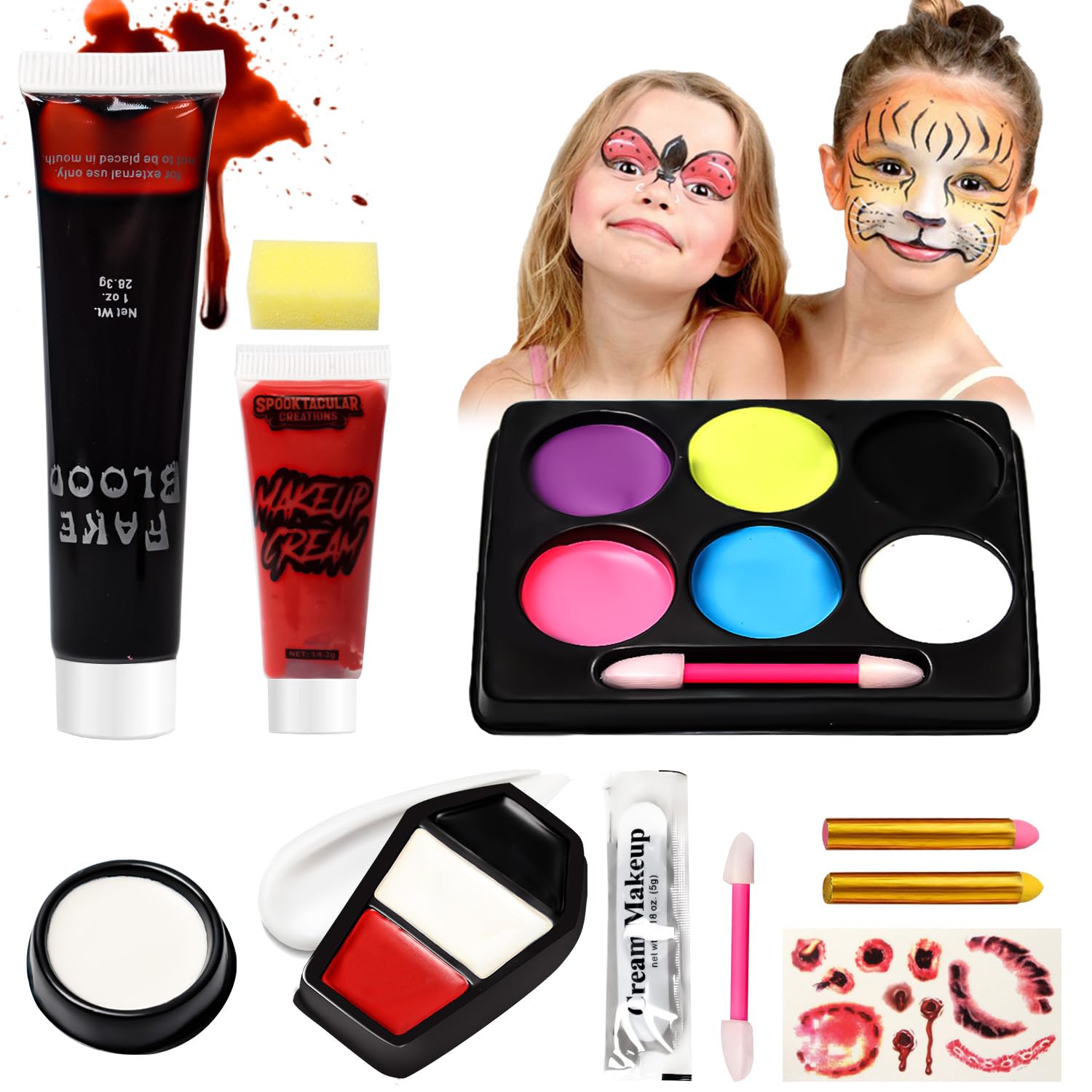 Maquillaje Carnaval Kit, Halloween Pinturas Cara para Niños Adulto Halloween Zombie Vampiro, Pintura Facial Halloween con Sangre Falsa SFX Maquillaje Set Fiesta Cosplay