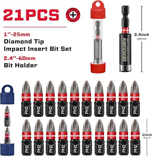 Miniatura 2 de Geinxurn Juego de 20 puntas de destornillador de impacto con revestimiento de diamante, puntas de inserción Phillips #2 de 1 pulgada, juego de