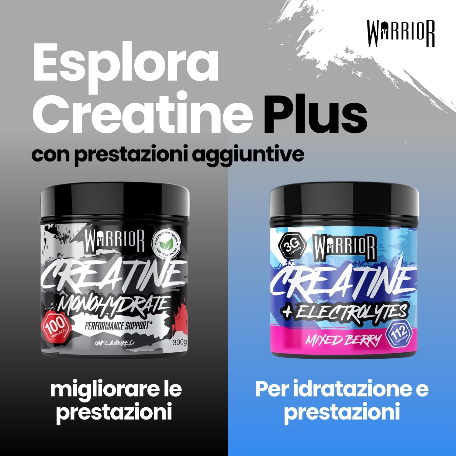 Warrior Creatina Monoidrata + Elettroliti Polvere 360 g, 80 Porzioni – Creatina in Polvere con Sali Minerali, Intra Workout per Massa, Idratazione e Sport, Senza Zucchero – Mix di Frutti di Bosco