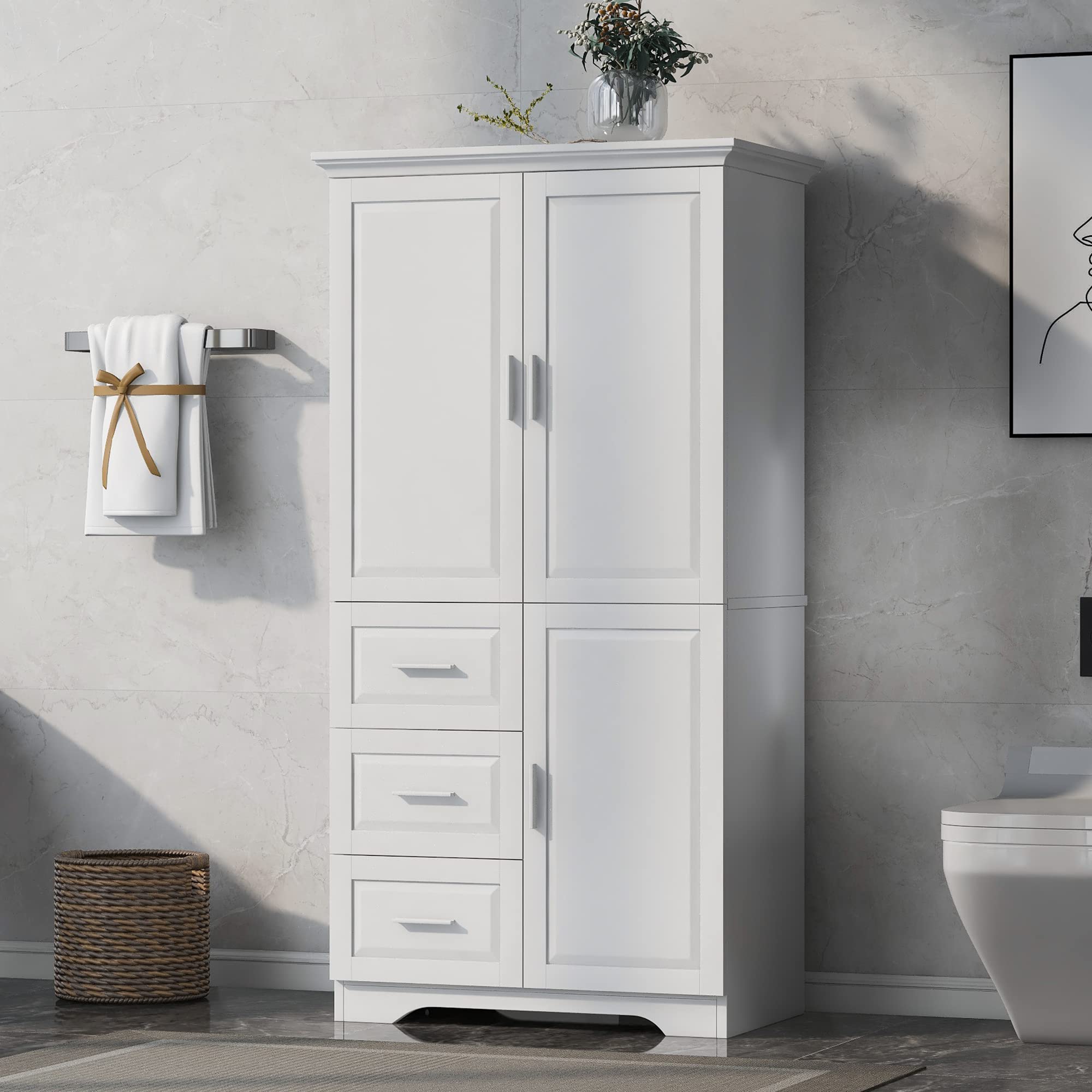Harper & Bright Designs Tall and Wide Storage Cabinet with Doors for Bathroom/Office, Three Drawers, White