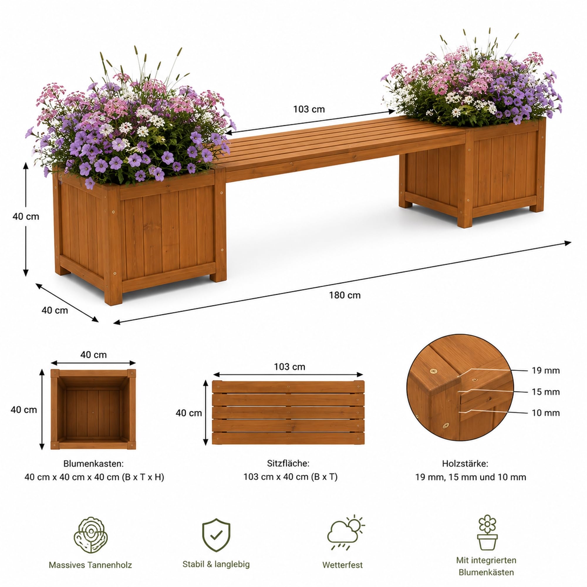 Mucola Gartenbank mit Pflanzkasten 2-Sitzer 180x40x40 cm Holz imprägniert | Sitzbank mit 2 integrierten Blumenkästen, Terrasse, Balkon, Outdoor, warme Maserung, schnelle Montage ohne Spezialwerkzeug