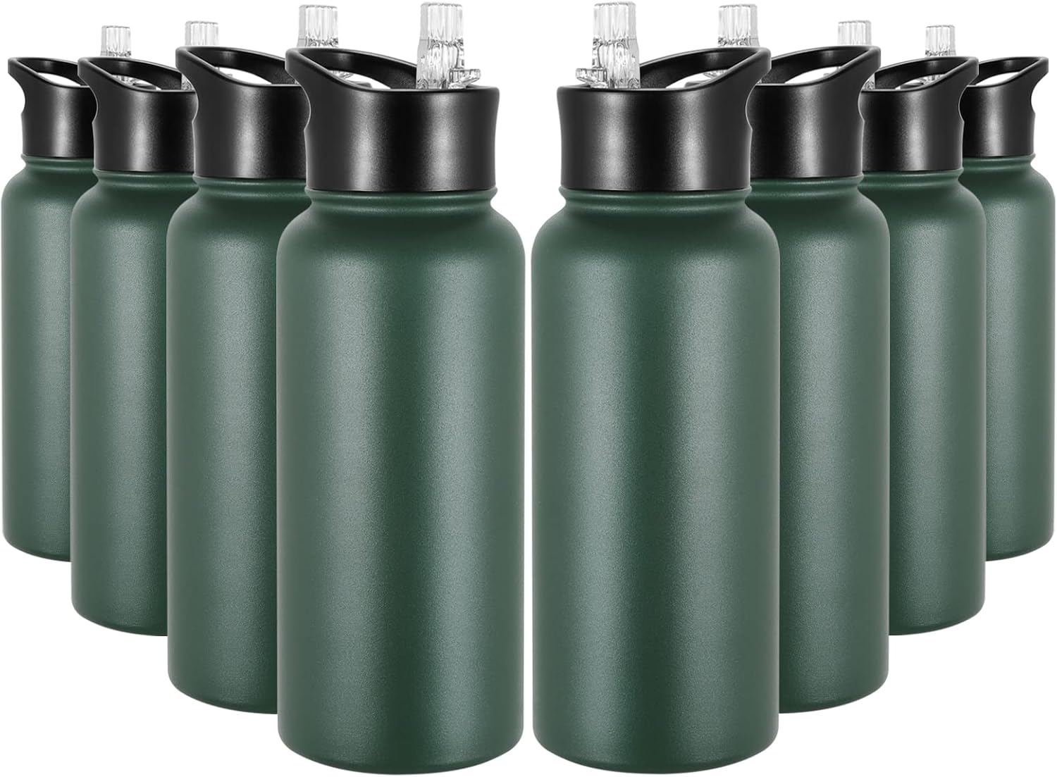 32 oz Insulated Water Bottle Bulk 8 Pack, Stainless Steel Sports Water Bottles with Straw Lid & Wide Mouth Lids, Double Walled Vacuum, Leak Proof, Dark Green