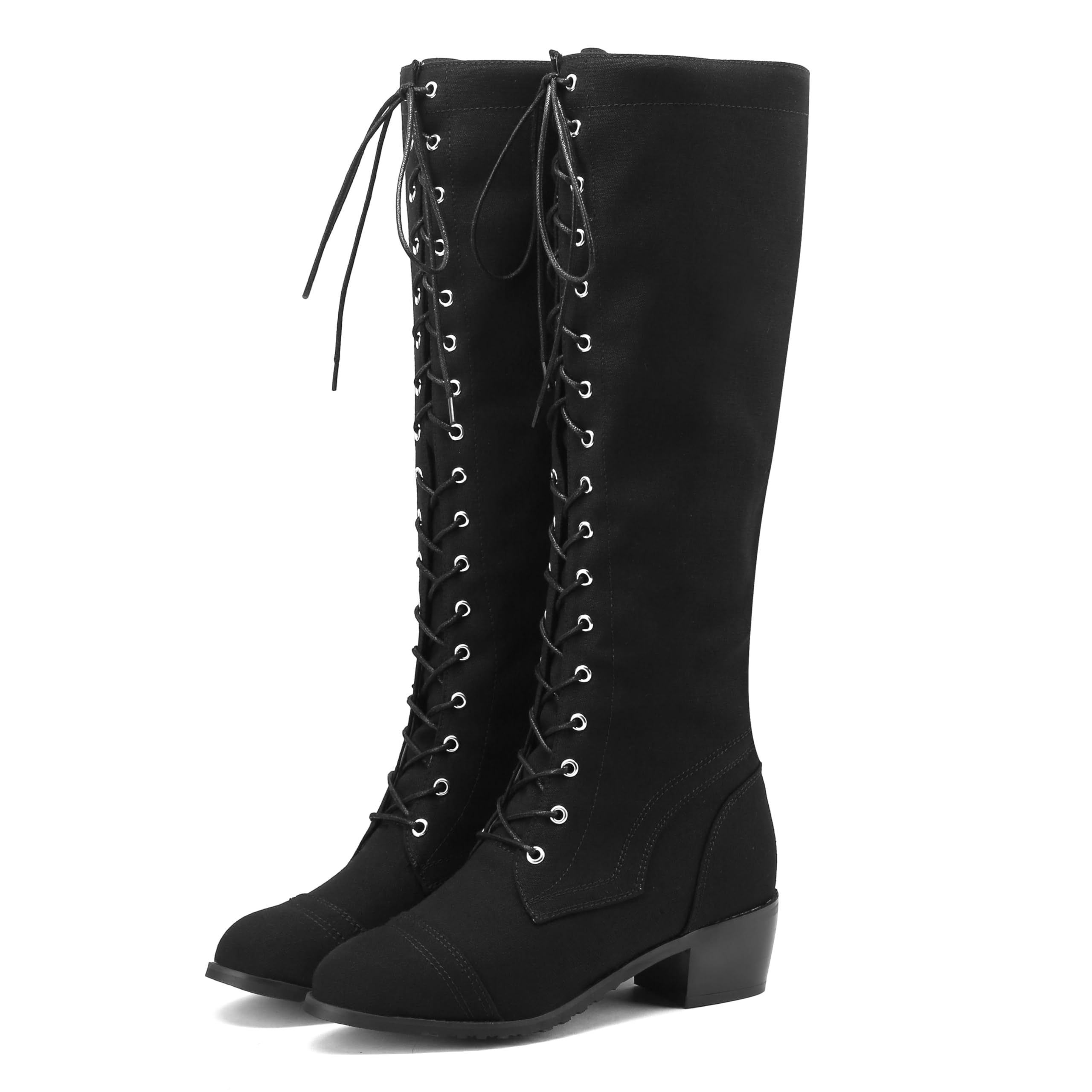 BEAUPAS Women's Knee High Combat Boots Lace Up Low Heel Military Tall Boots