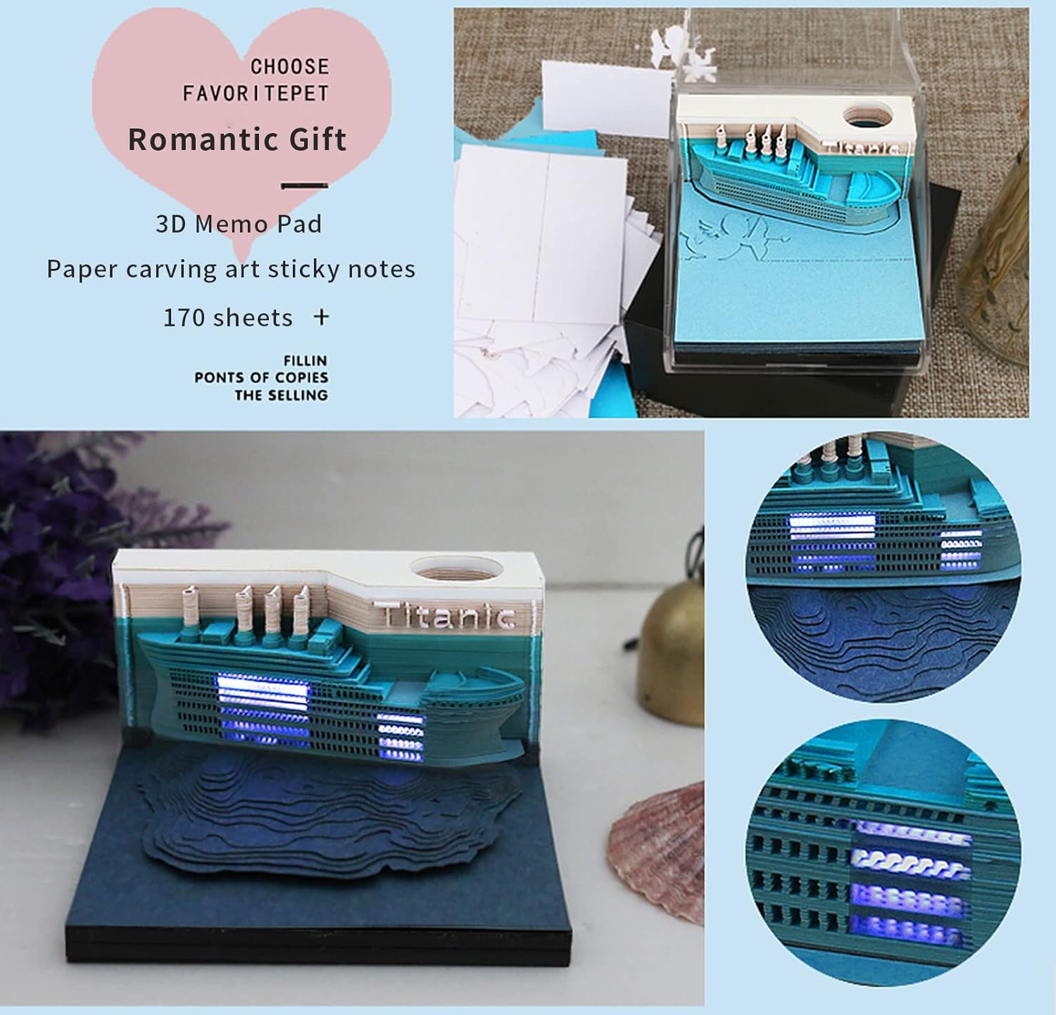 Titanic 3D Memo Pad with Lights, Tear Off Paper Reveal Ship Sticky Note Pad 3D Paper Craft Titanic Notepad DIY Office Home Decoration Gifts
