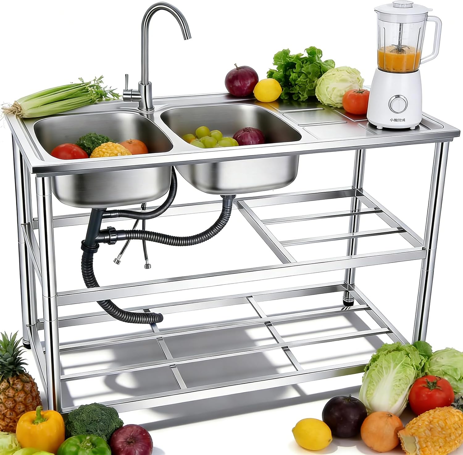 304 Stainless Steel Double Bowl Sink Stainless Steel Sink with 360° Hot Cold Faucet Multi-Tier Shelves Odor-Proof S-Trap for Home Kitchen Commercial Restaurant Outdoor Cooking Area