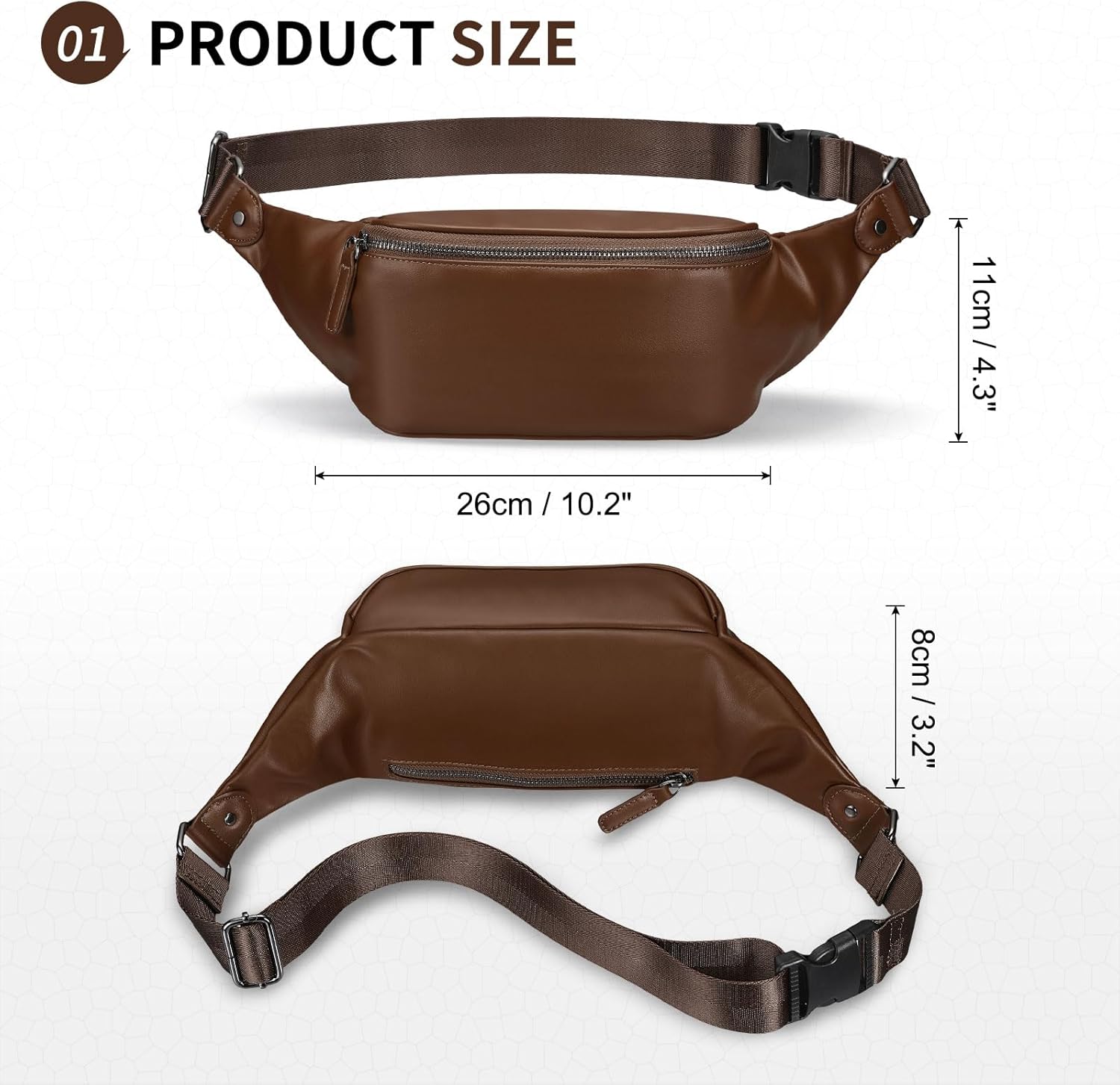 Soft Leather Fanny Pack for Women & Men, Crossbody Waist Pack with Adjustable Strap, Large Pocket, Sturdy Zippers, for Travel, Hiking, Running, Brown - Image 3
