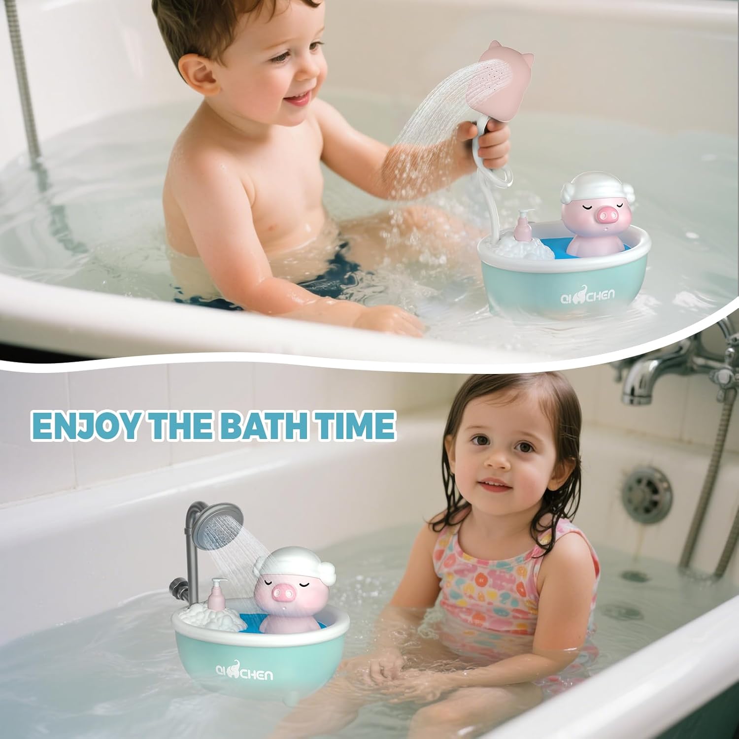 VGY Baby Bath Shower Head - Pig Tub Baby Bath Toys for Kids Ages 1-3 Essentials- Water Pump Toy with Pig Spray Head and Faucet Sprayer, for Bathtub, Sink, Water Table (Blue)