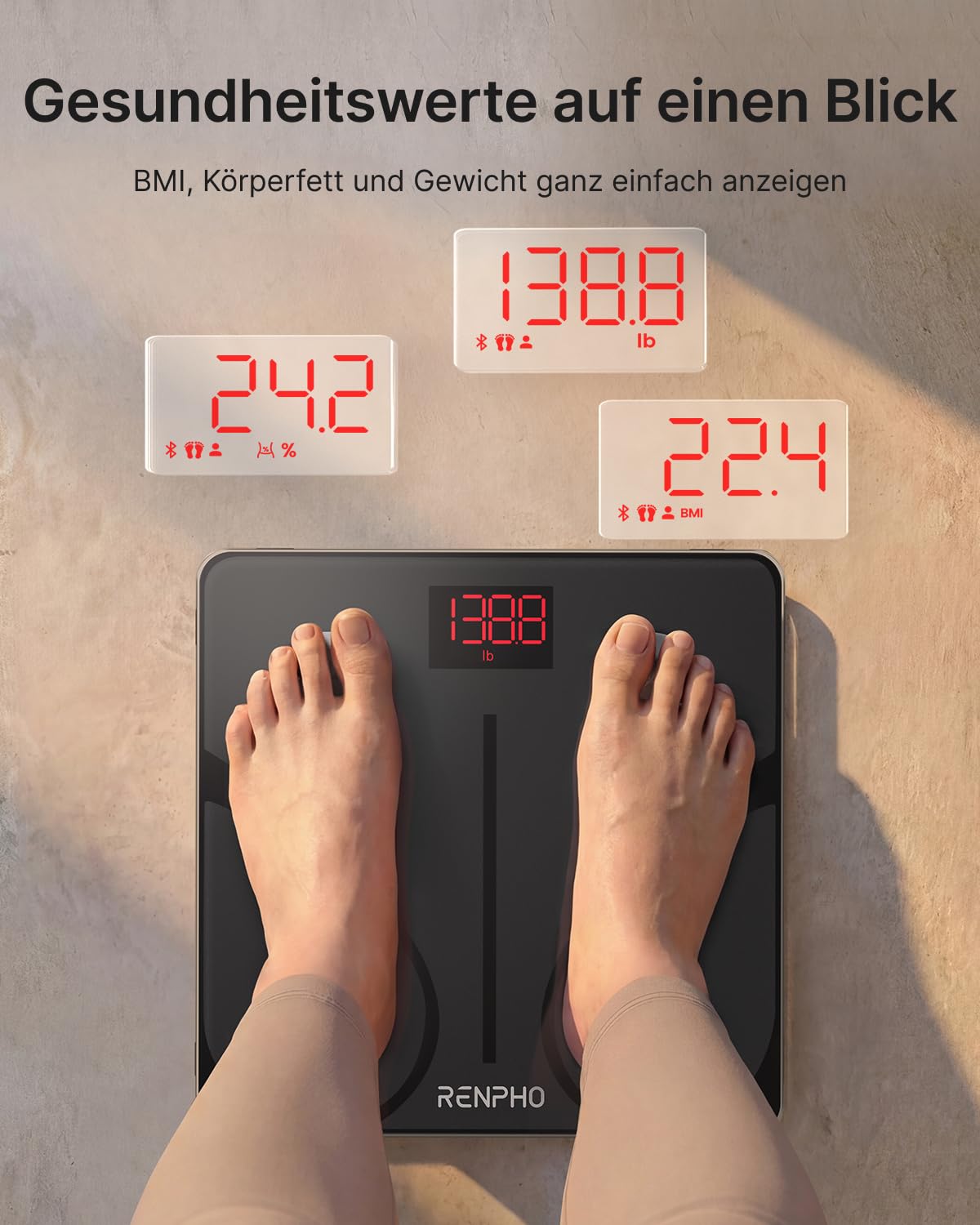 RENPHO Personenwaage Körperfettwaage, Waage Personen mit App 180 kg/400 lbs, Körperwaage Digital Bluetooth Körperanalysewaage für Körperfett, BMI, Muskelmasse, Protein, BMR, Schwarz,Elis 1