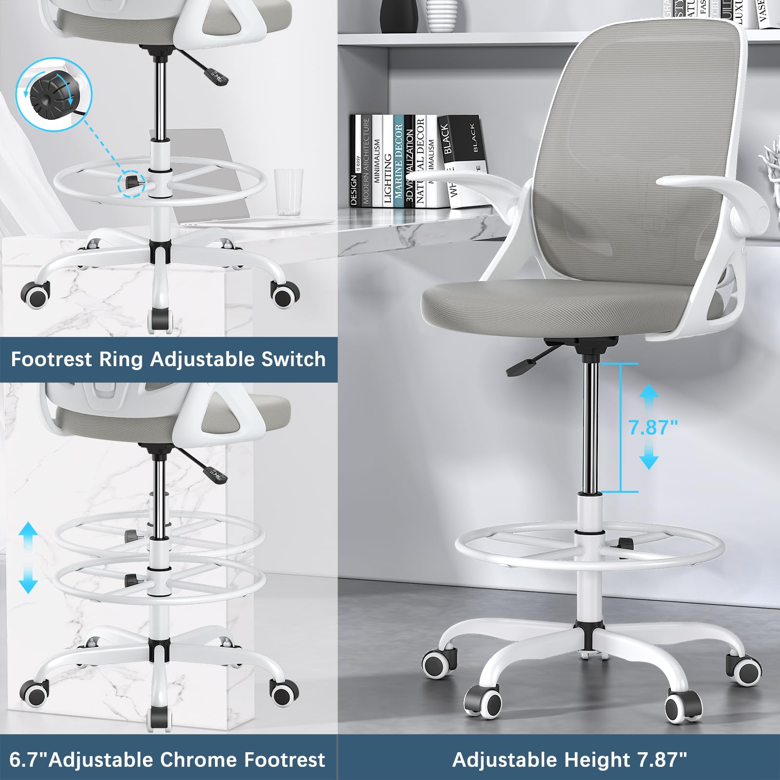 Kensaker Drafting Chair Tall Office Chair for Standing Desk, Adjustable Tall Desk Chair with Footrest Ring and Lumbar Support, Executive Ergonomic Computer Chair with Flip-up Armrests
