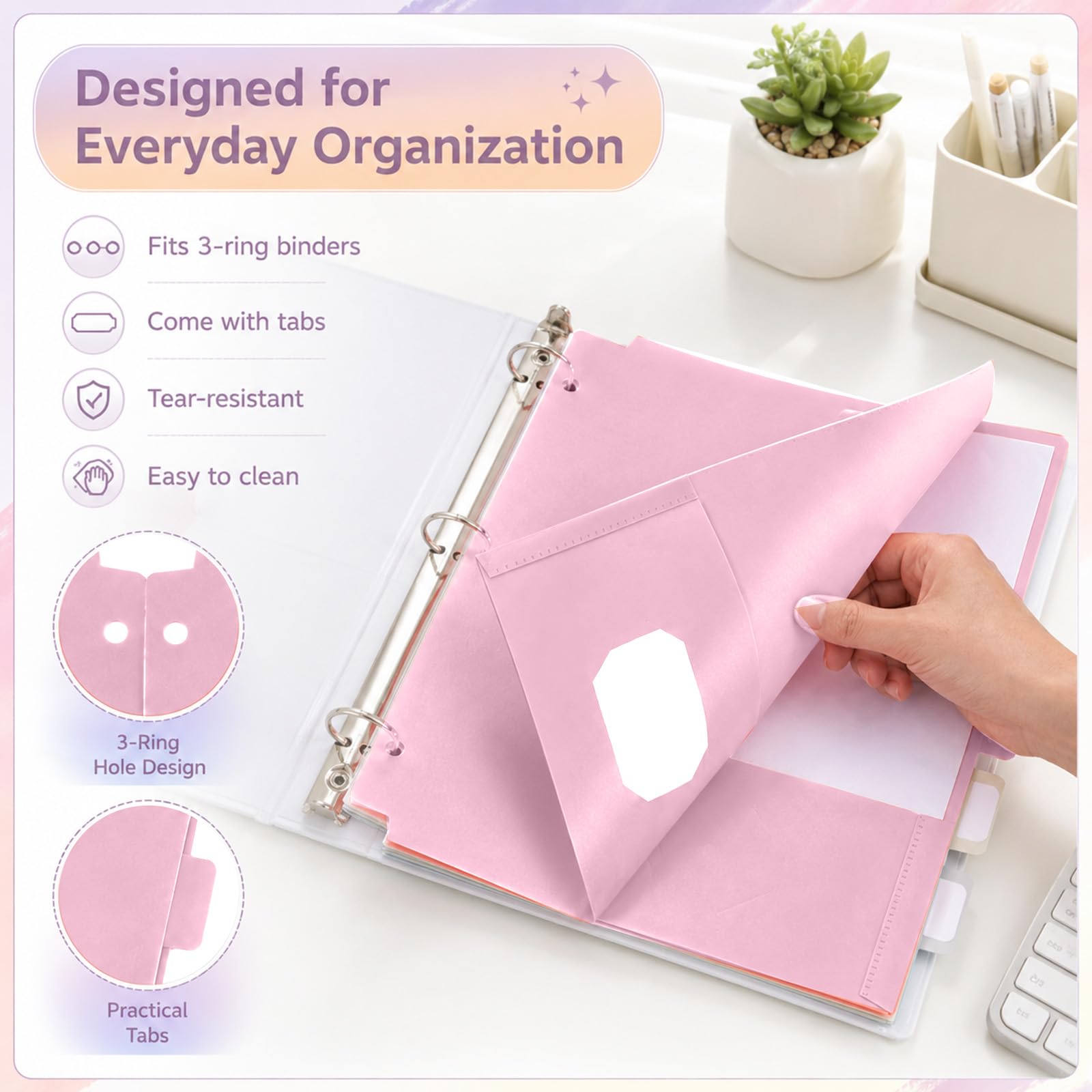 Lot de 24 dossiers en plastique avec poches perforées à 3 trous, 3 anneaux, onglets de coupe 1/6 perforés, format lettre pour école, bureau, salle de classe, enseignants, étudiants, personnel (Pastel)