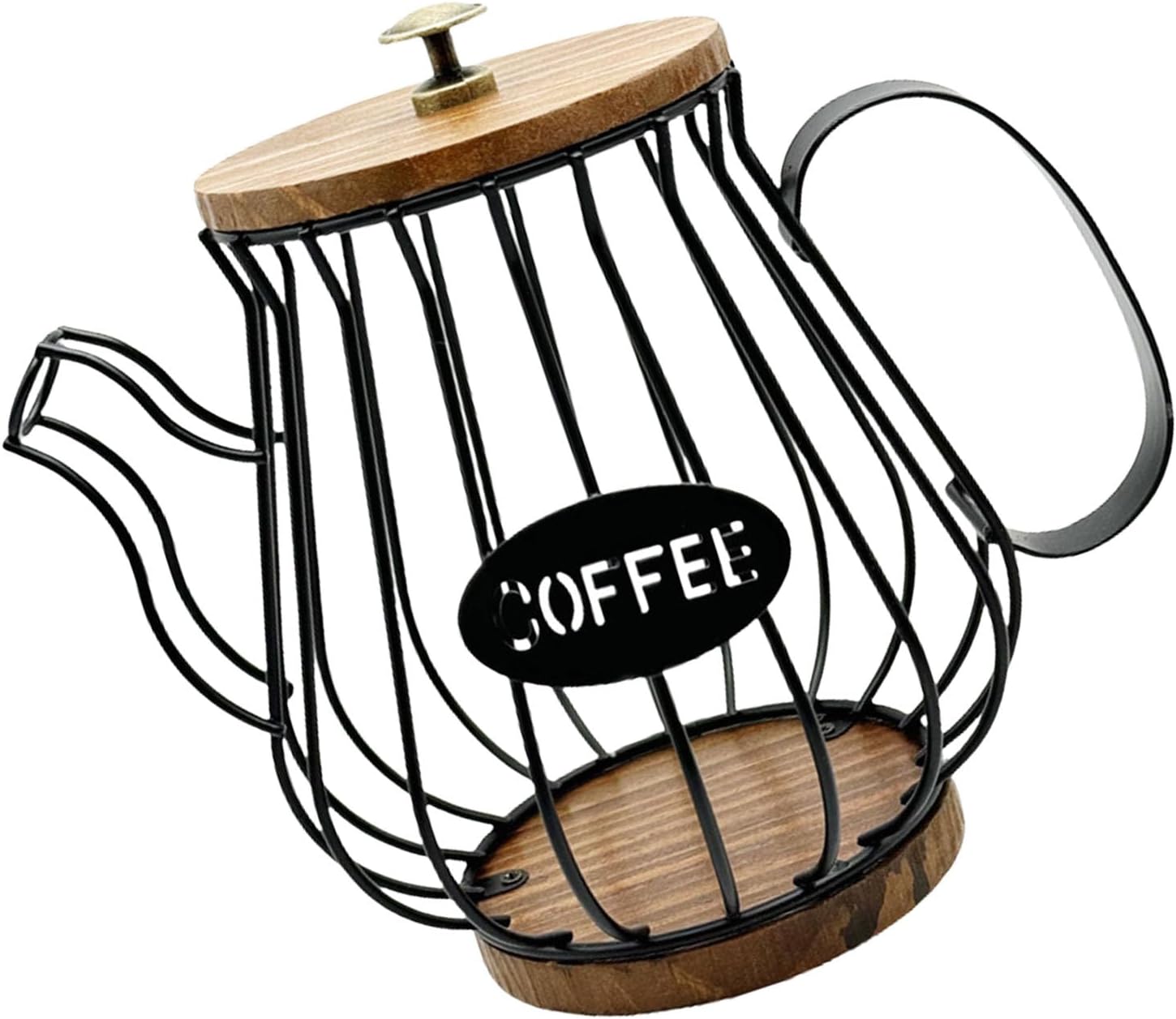 Espresso Pods Storage Basket Iron Frame Wood Lid Coffee Holder with Wooden Base Accessory for Kitchen and Wood Lid Coffee Storage