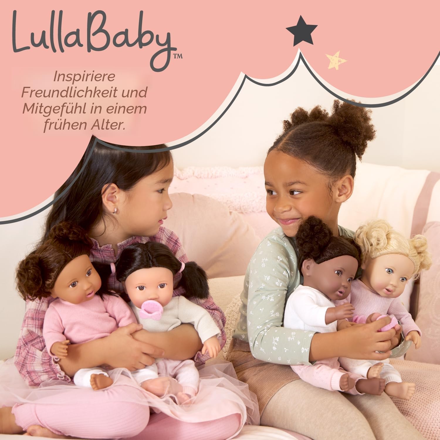 LullaBaby - Doppelter Puppenwagen - Zwillingspuppen-Kinderwagen - Rosa Spielzeug-Kinderwagen mit goldenen Sternen - Spielzeug für Kinder ab 2 Jahren