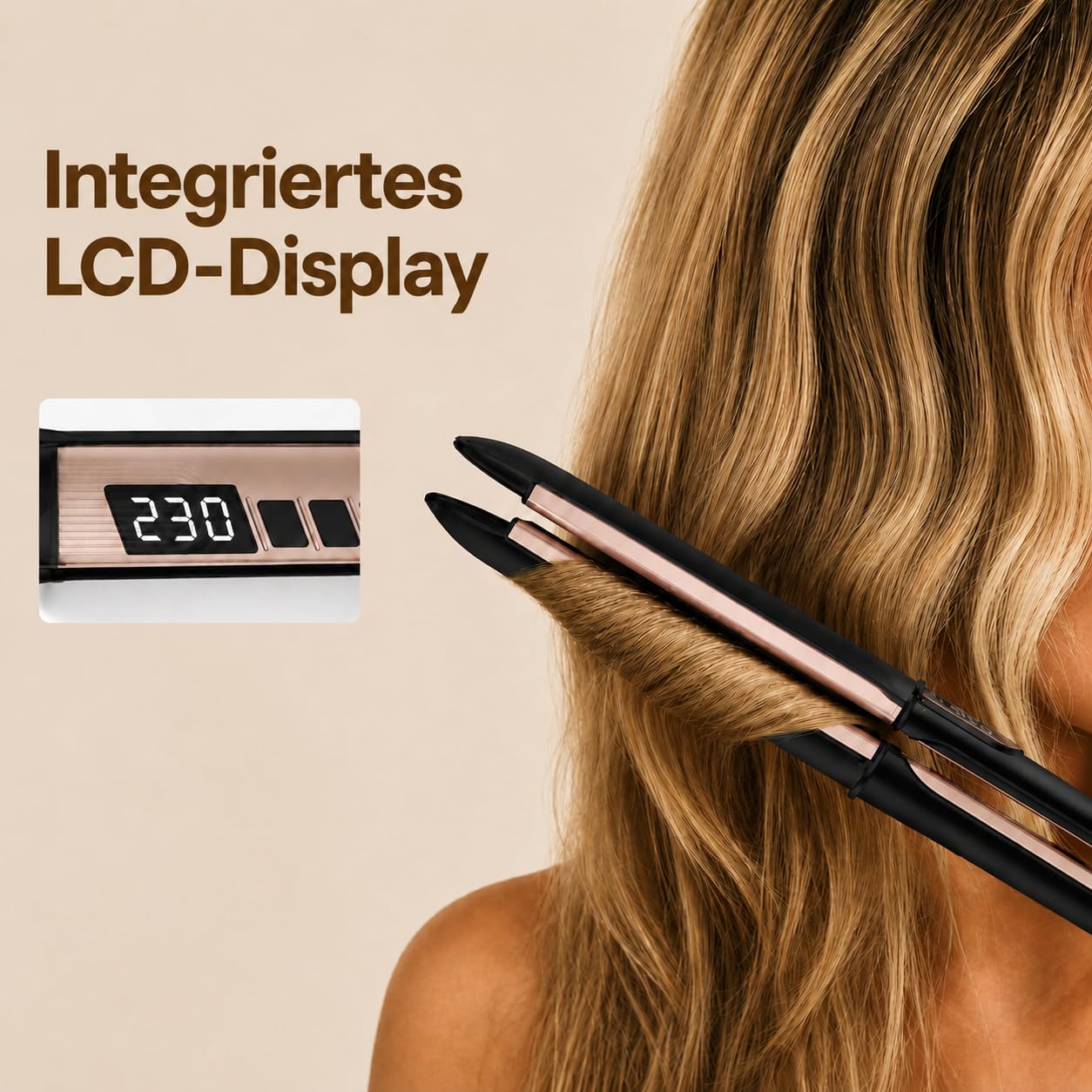 Glätteisen 2-in-1 Professioneller Haarglätter & Lockenstab Golden Goods – Titanplatten mit Keramikbeschichtung, LCD-Display, schnelles Aufheizen, 12 Temperaturstufen bis 230 °C, 360° Drehkabel
