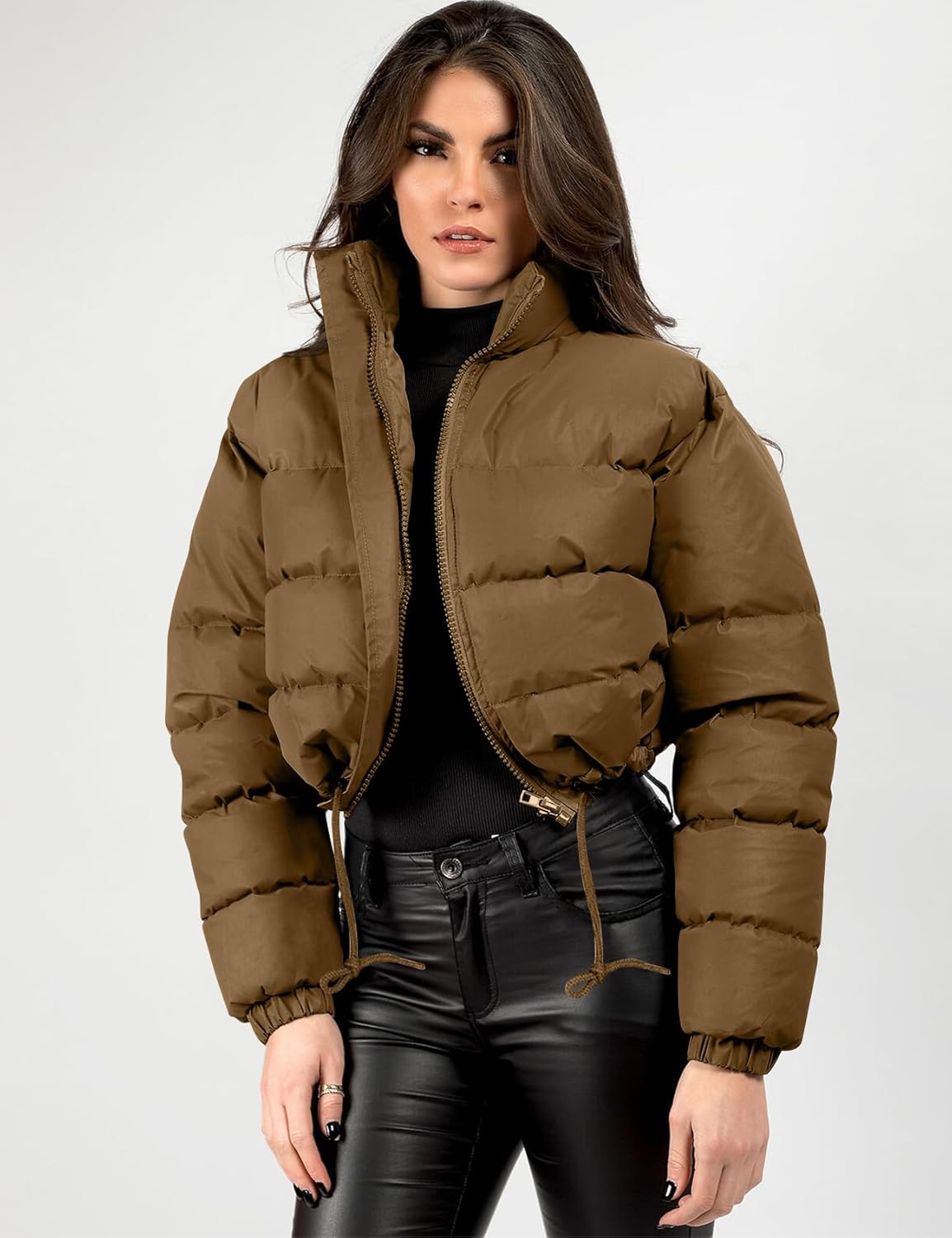 PEHMEA Women's Cropped Puffer Jacket Winter Warm Zip Up Stand Collar Short Down Bubble Coat with Pocket - Image 3