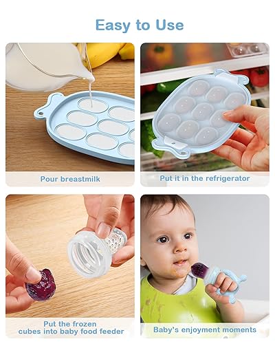 Miniatura 5 de Comedero de frutas de silicona para bebés con bandeja para congelador, mordedores para bebés, moldes para paletas de leche materna para aliviar la