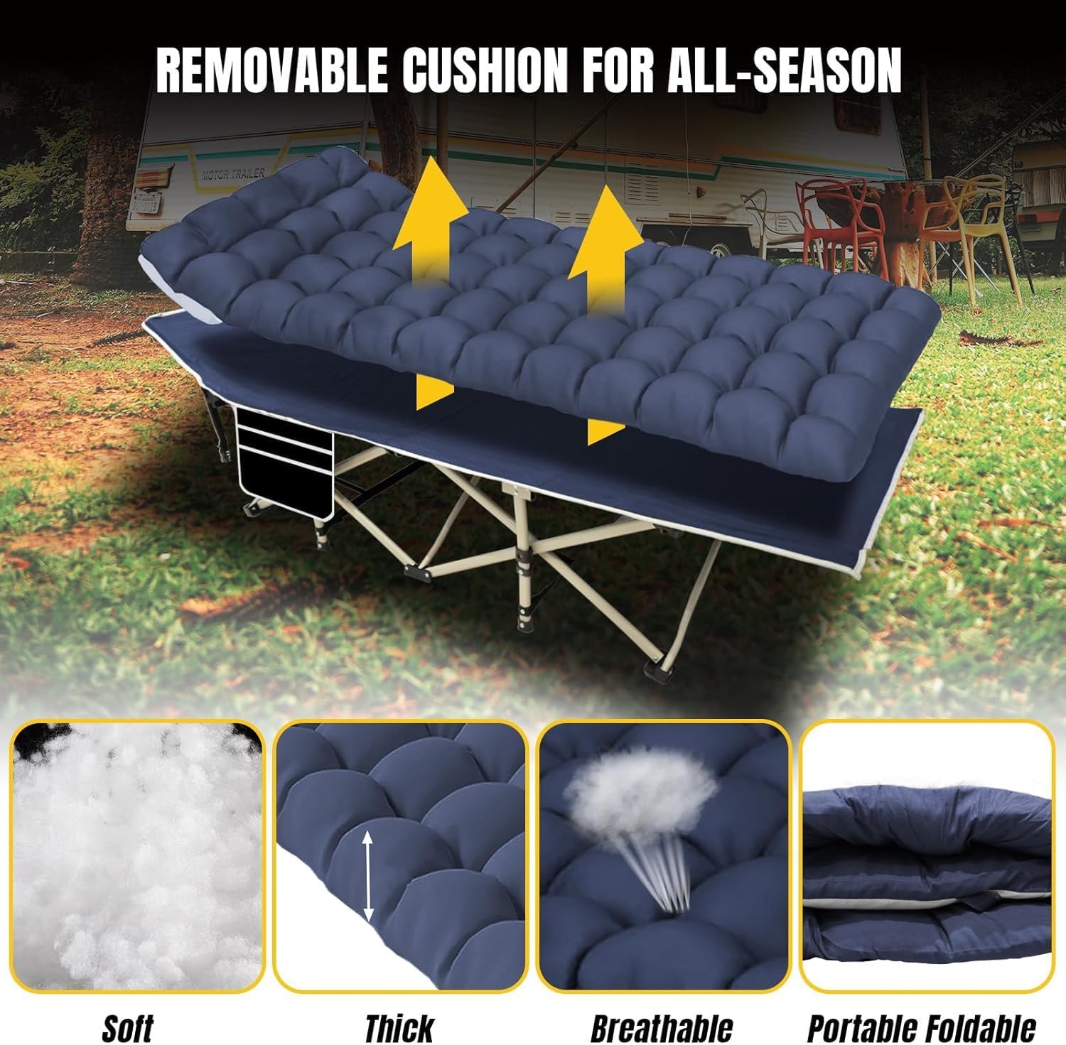 YELLOW JACKET Camping Cot,Folding Camping Cot Bed for Adults Upgraded 32" Wide Sleeping 1200D Double Layer Oxford Portable Folding Outdoor Cots for Camping Home Office Nap Beach Travel