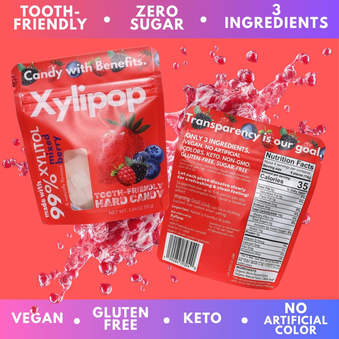 Xylipop 4 Pack (Mixed Berry) – Tooth-Friendly Xylitol Candy | Made with 3 Organic Ingredients | Sugar-Free, Vegan | Healthy Snack for All Ages | 4 x 1.94 oz Pouches