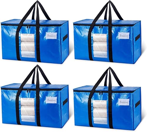 TAILI - Bolsas de mudanza extra grandes, paquete de 4 bolsas azules resistentes para almacenamiento con ventana visible, asas envolventes,