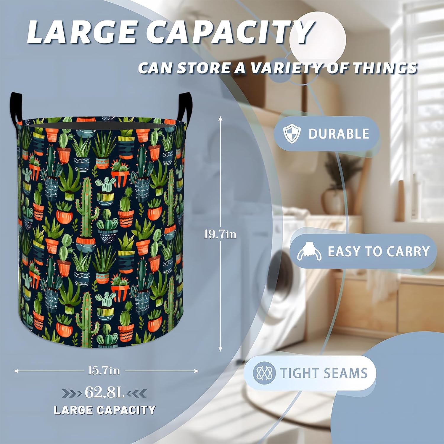Vibrant Cactus Laundry Basket with Handles, 19.7"x15.7" Clothes Foldable Cute Succulent Plant Laundry Hamper Organizer for Dorm Nursery Bedroom Bathroom Decor, Toy Storage Bin for Kids