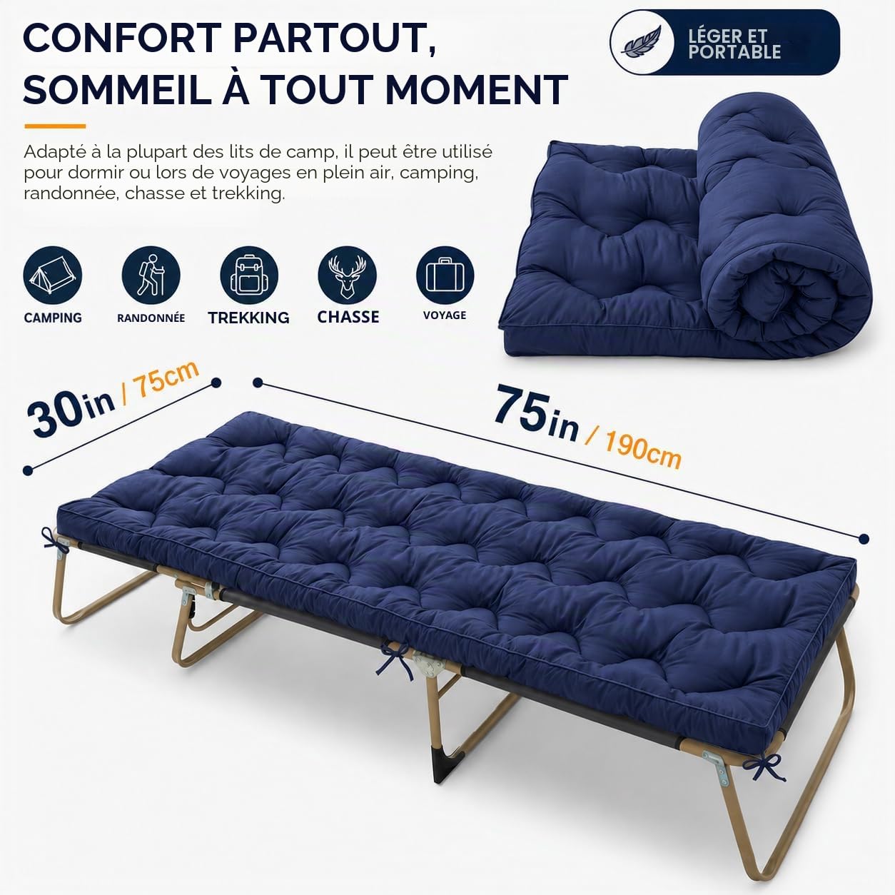 Jamdok Tapis de couchage en coton épais pour lit de camp (190 x 75 cm), lit matelassé pour le camping, matelas de couchage pour le sol, portable