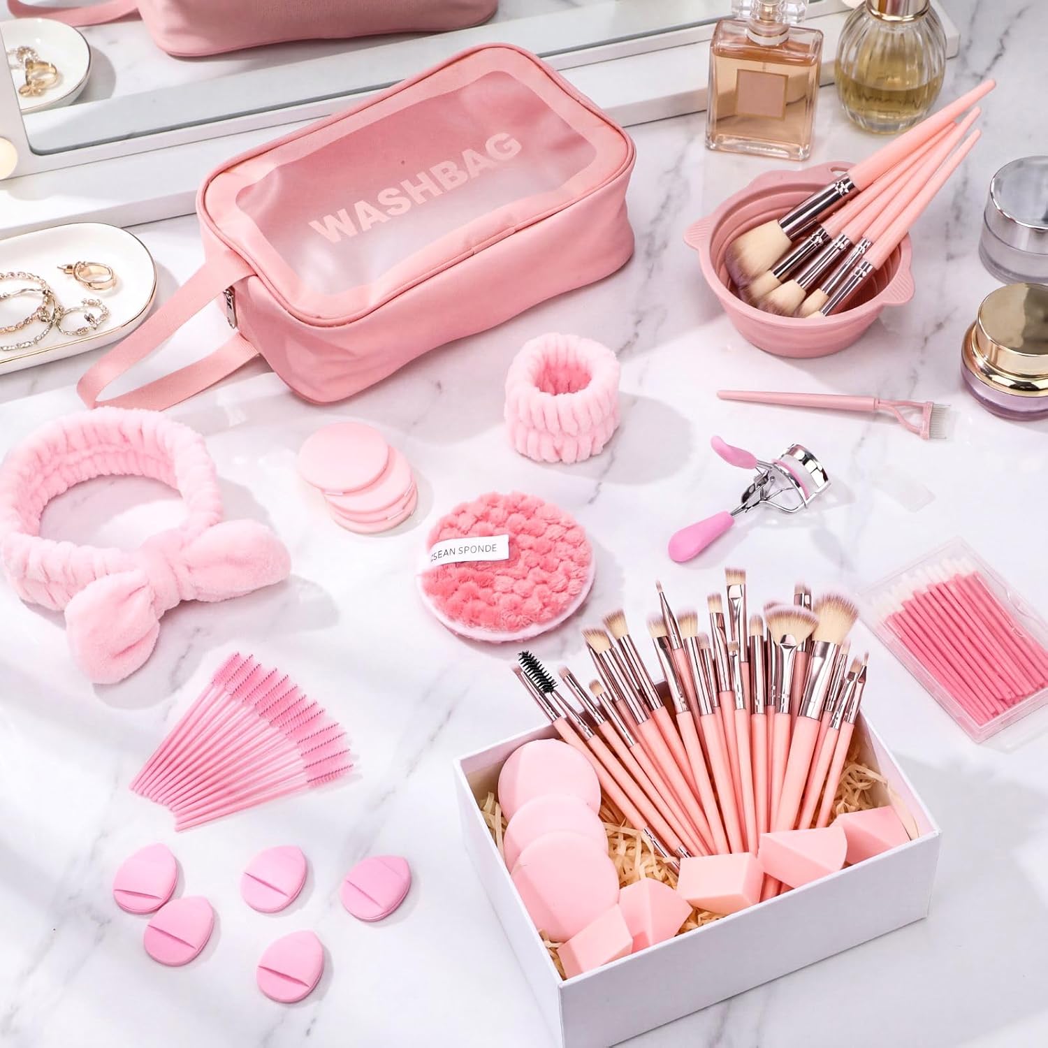72 Pcs Pink Makeup Brushes Set Professional Make up Kit with 30 Soft Brushes, Cosmetic Bag, Makeup Sponge, Powder Puffs and Beauty Accessories, Complete Make up Tool Gift for Women Beginner