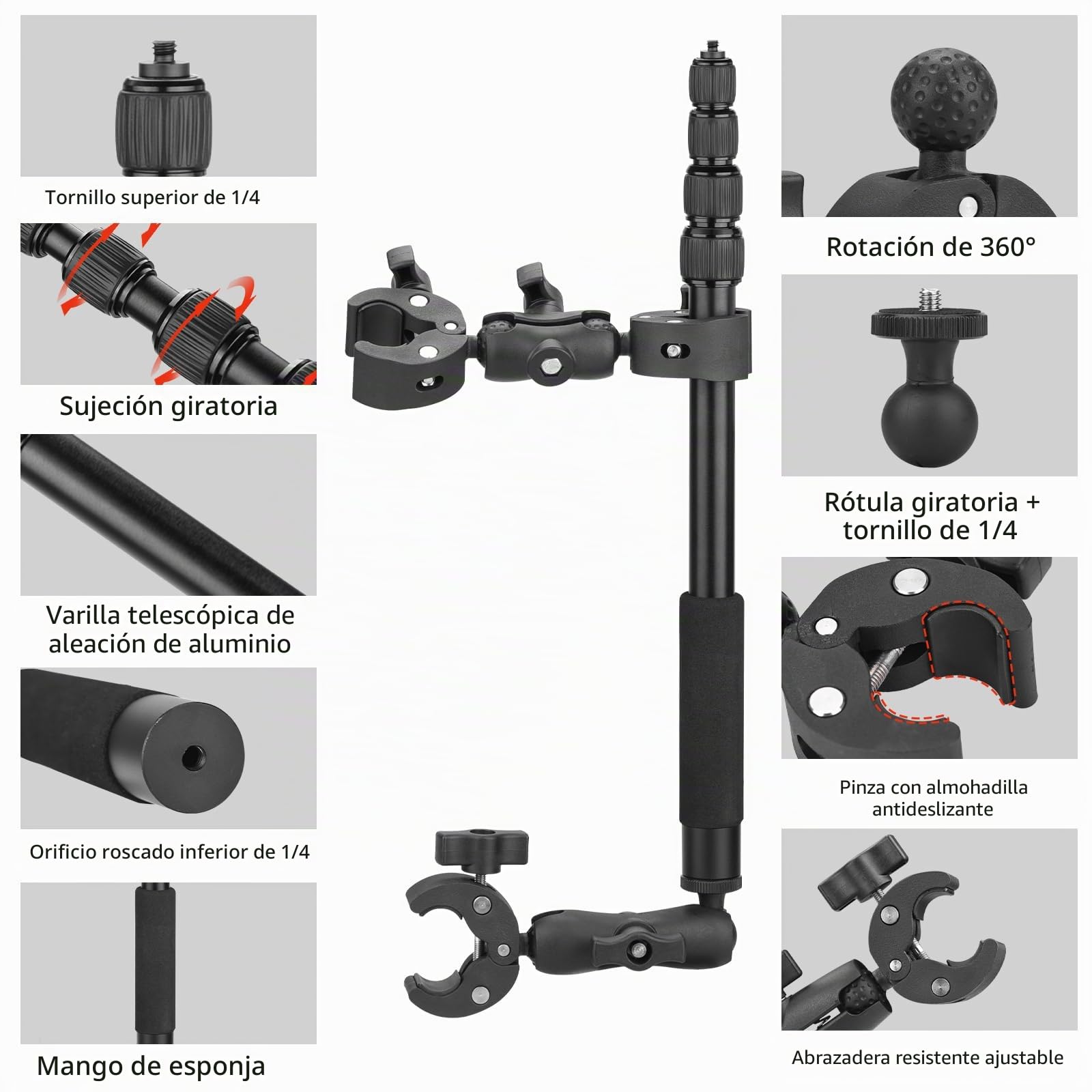 BRDRC Soporte de motocicleta para Insta 360 X4 X5, soportes de abrazadera de manillar de bicicleta de 59 pulgadas, kit de palo selfie invisible para Insta360 X5 X4 X3 X2 X ONE, para DJI OSMO 360, para