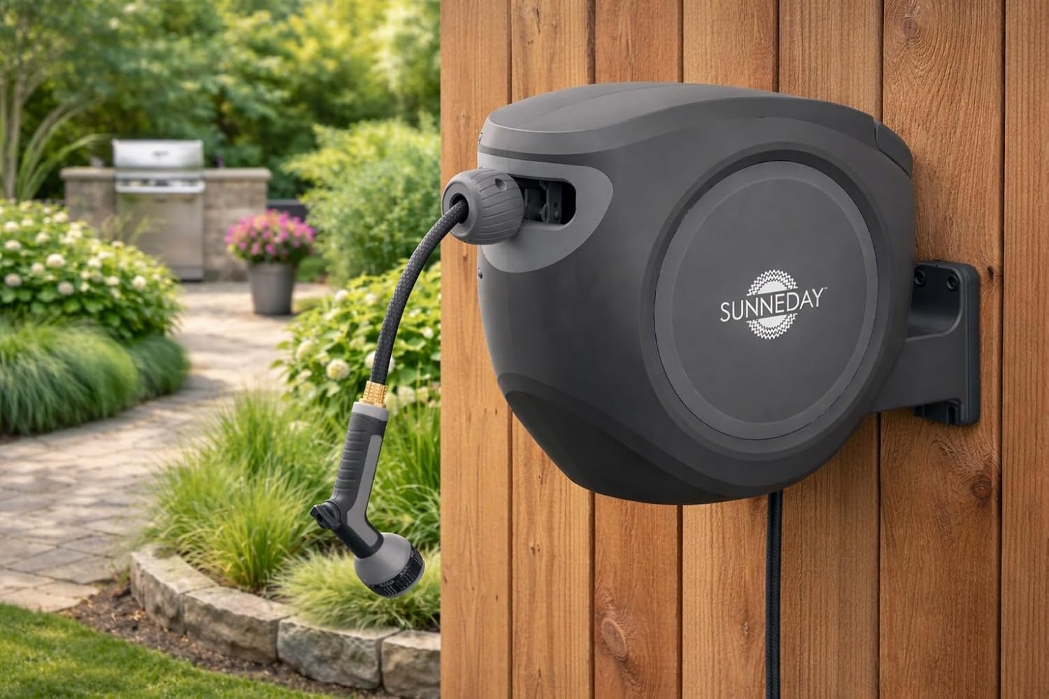 Sunneday SW-30B 100ft Retractable Hose Reel 5/8 | Automatic Retractable w/Wall Mount | Easy to Assemble Reel w/Flexible Swivel Mount (100FT 1/2)