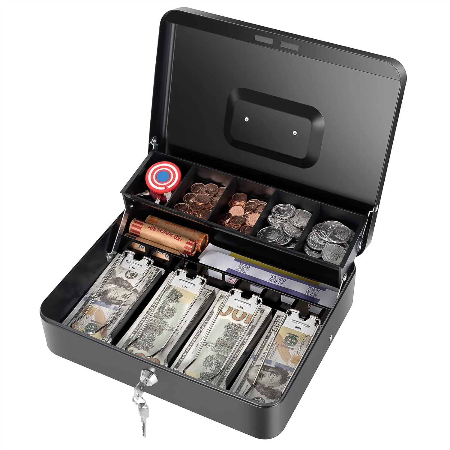 Cash Box with Lock and Money Tray, Metal Money Box with Key and Coin Crate, Cash Register Lock Box for Money Black 11.8 x 9.4 x 3.54 Inches XL Large-image-35