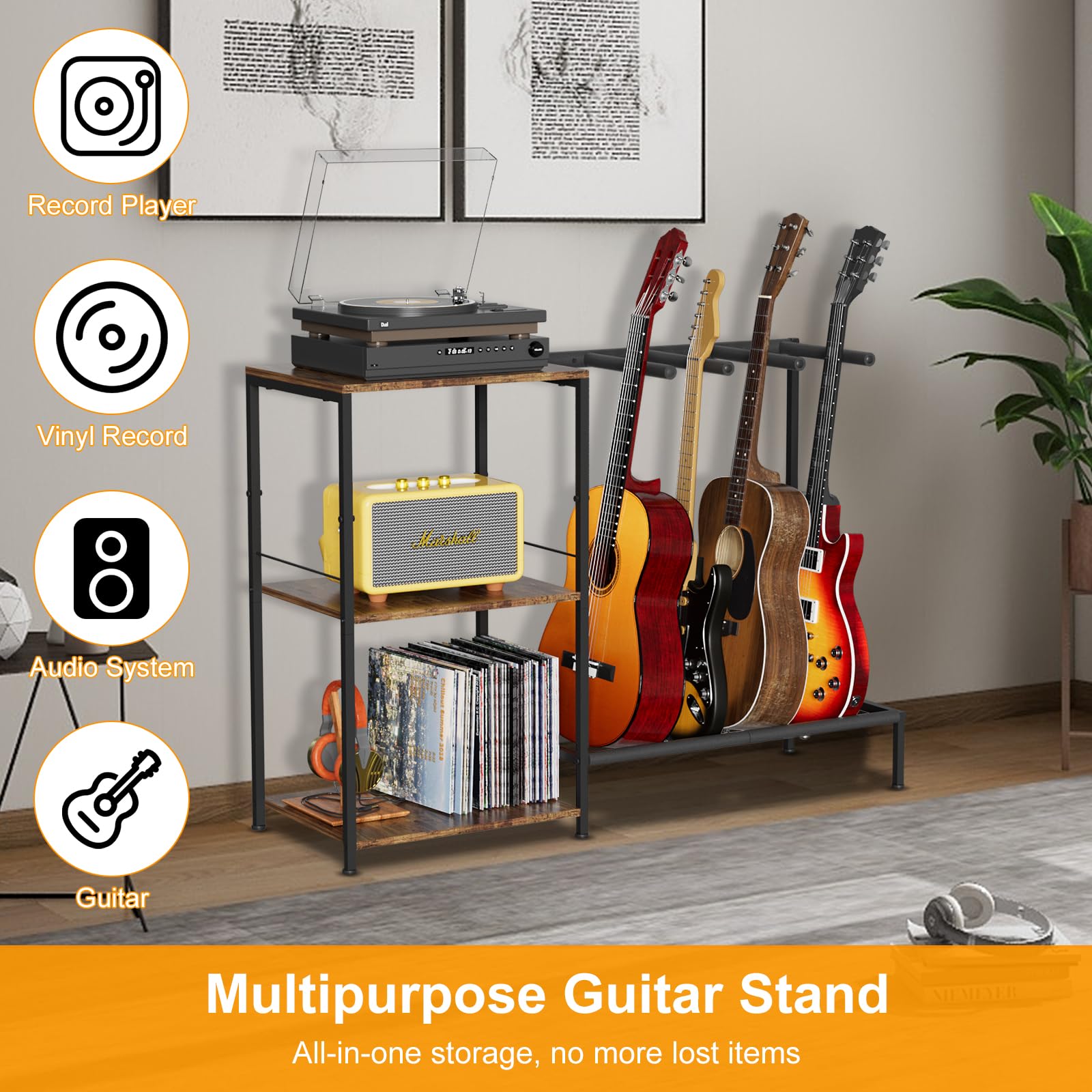 Support de guitare pour 4 guitares, support réglable pour guitares avec protection rembourrée douce pour acoustique, électrique, basse et ukulélé, support de présentation de guitare avec 3