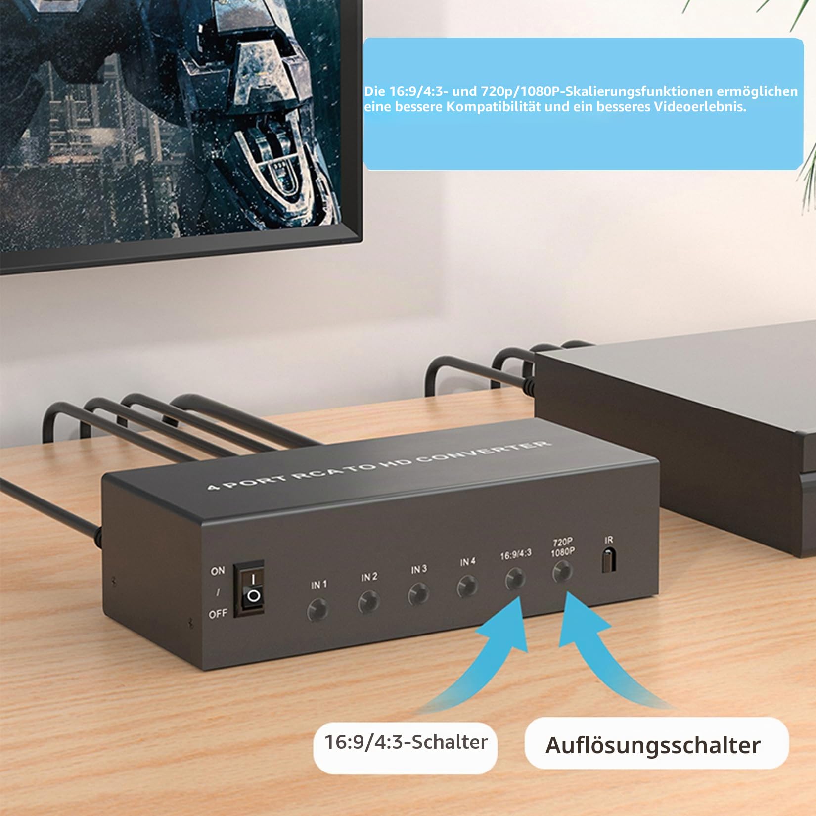 RCA zu HDMI Konverter 4 AV (Rot Gelb Weiß) in auf HDMI Out Adapter, Composite Audio Video RCA Adapter auf HDMI 1080P/720P, mit Fernbedienung und Strom, für Wii/TV/PC/PS3/STB/Xbox VHS/VCR/N64/SNES/DVD