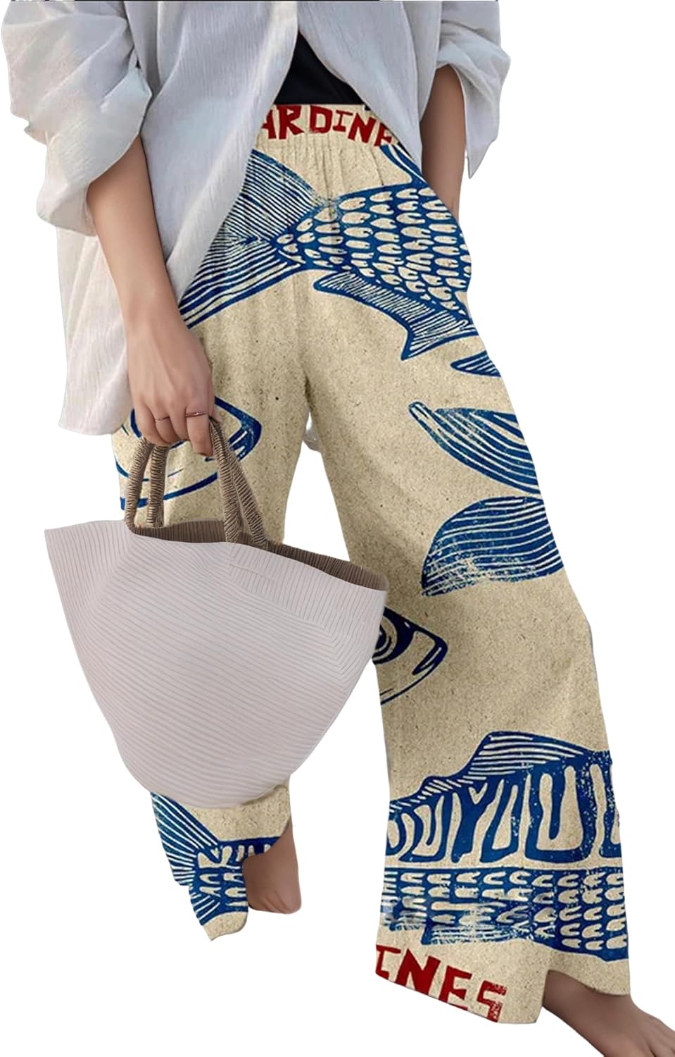 Women's Sardine Graphic Palazzo Pants Elastic Wide Leg High Waisted Beach Vacation Long Trousers Baggy Casual Boho Pants