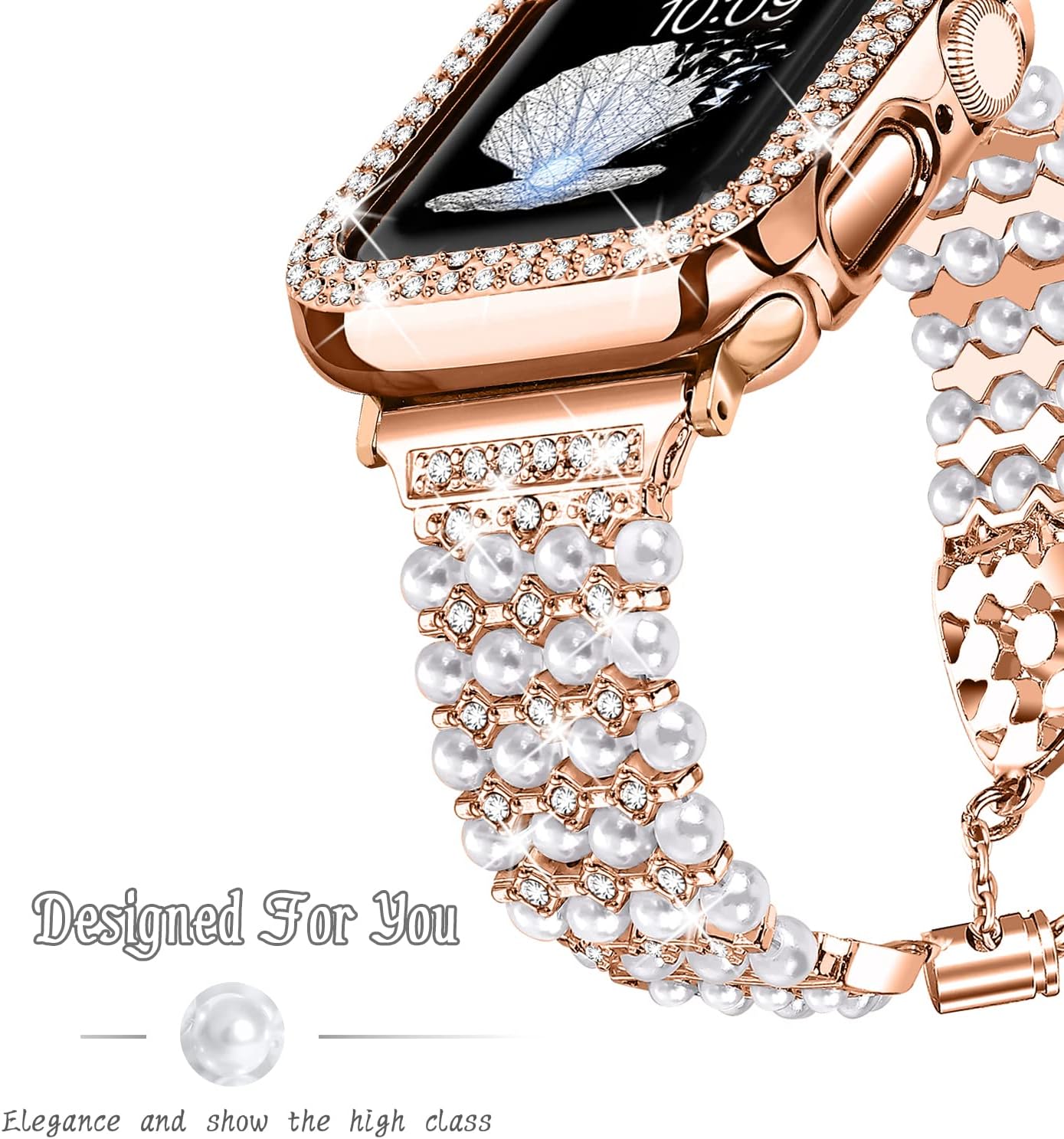 Joyozy Bling Pearl Bracelet 45mm and case Compatible For Apple Watch series 9 8 7 band, Women Sparkle Diamond Case with Rhinestone Cute Strap Iwatch bands 45mm Jewelry Bling Dressy Metal Jewelry Fancy(Rose Gold, 45MM)
