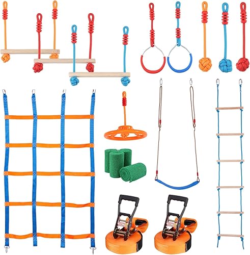 Miniatura 10 de VEVOR Carrera de obstáculos Ninja Warrior para niños, 2 x 56 pies resistentes a la intemperie, línea de mono de capacidad de peso de 500 libras,