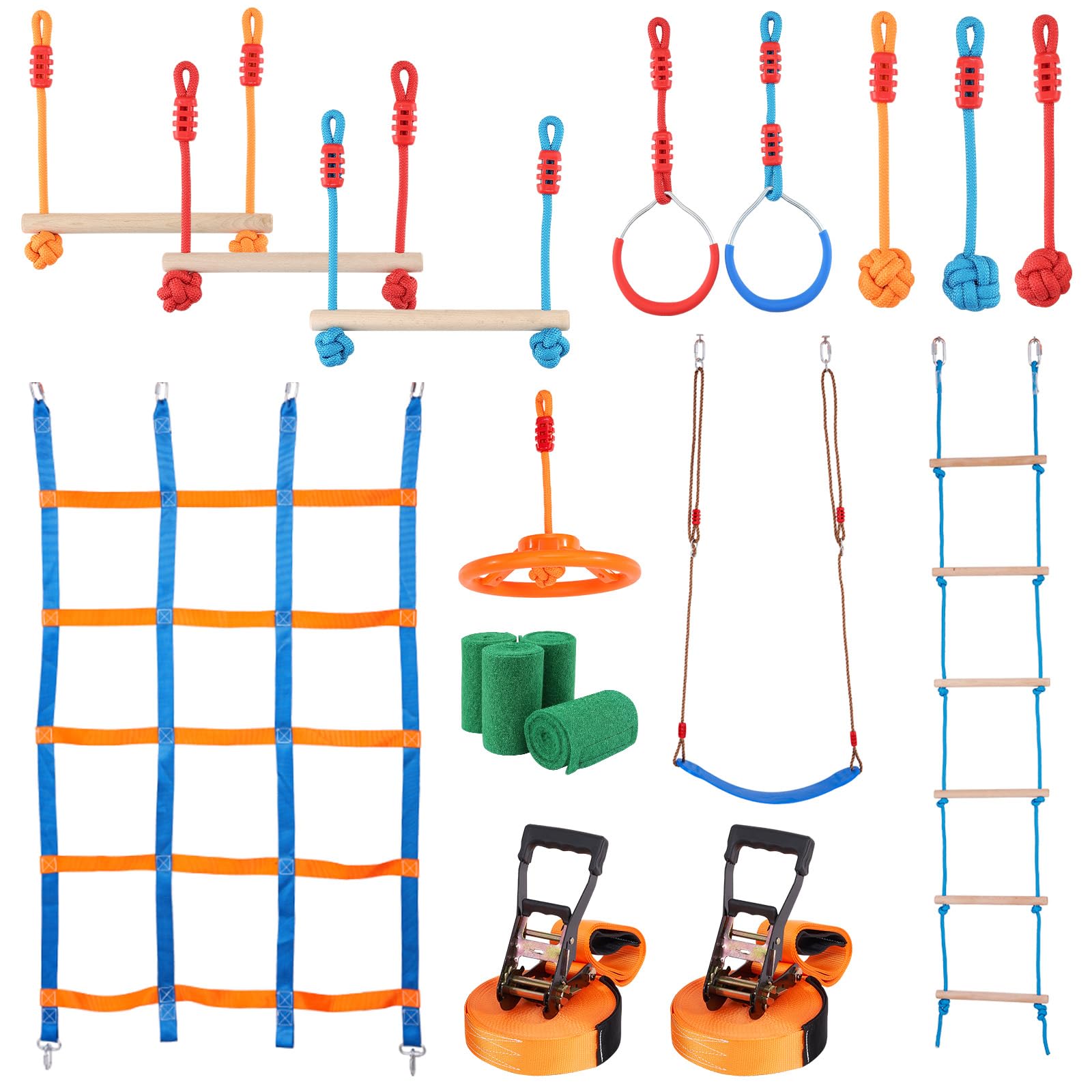 VEVOR Ninja Slackline Hindernisse Set 2 x 17 m Slacklines, 226,8 kg Tragkraft Ninja Hinderniskurs, Outdoor-Spielset-Ausrüstung, Hinterhofspielzeug-Trainingsausrüstungsset mit 12 Hindernissen